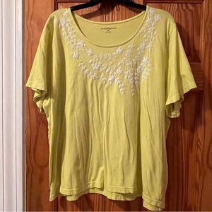 Croft & Barrow Yellow T-Shirt With White Embroidered Flowers, Size 3X